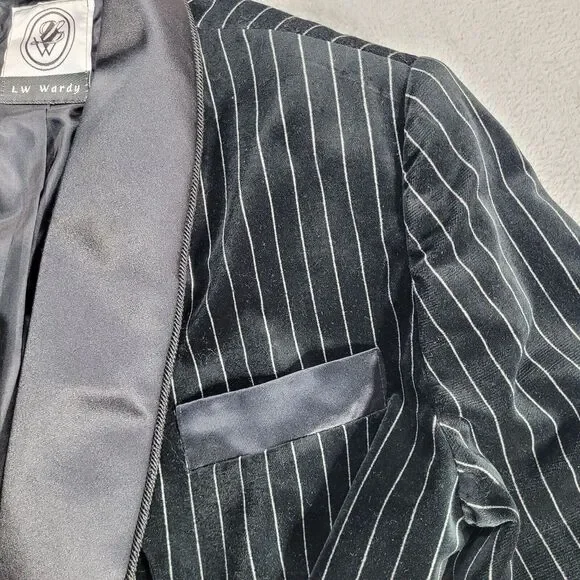 LW WARDY Black PinStripe Velvet Satin Collar Smoking Jacket Blazer Small Vintage